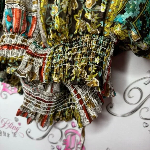 Costa Blanca open shoulder blouse top shirt paisley boho silky shimmer keyhole - Picture 12 of 12